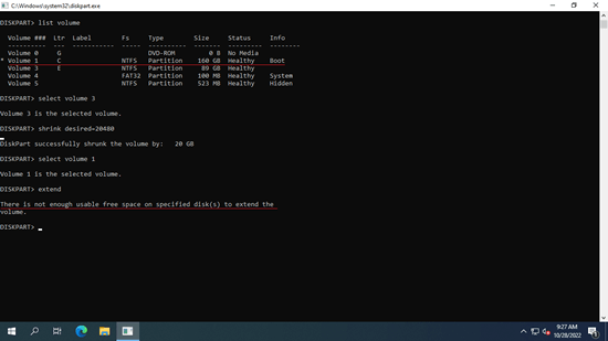 Diskpart extend failed